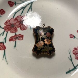 Vintage Black and Gold Tone Cloisonné Enamel Floral Pendant & Butterfly Design